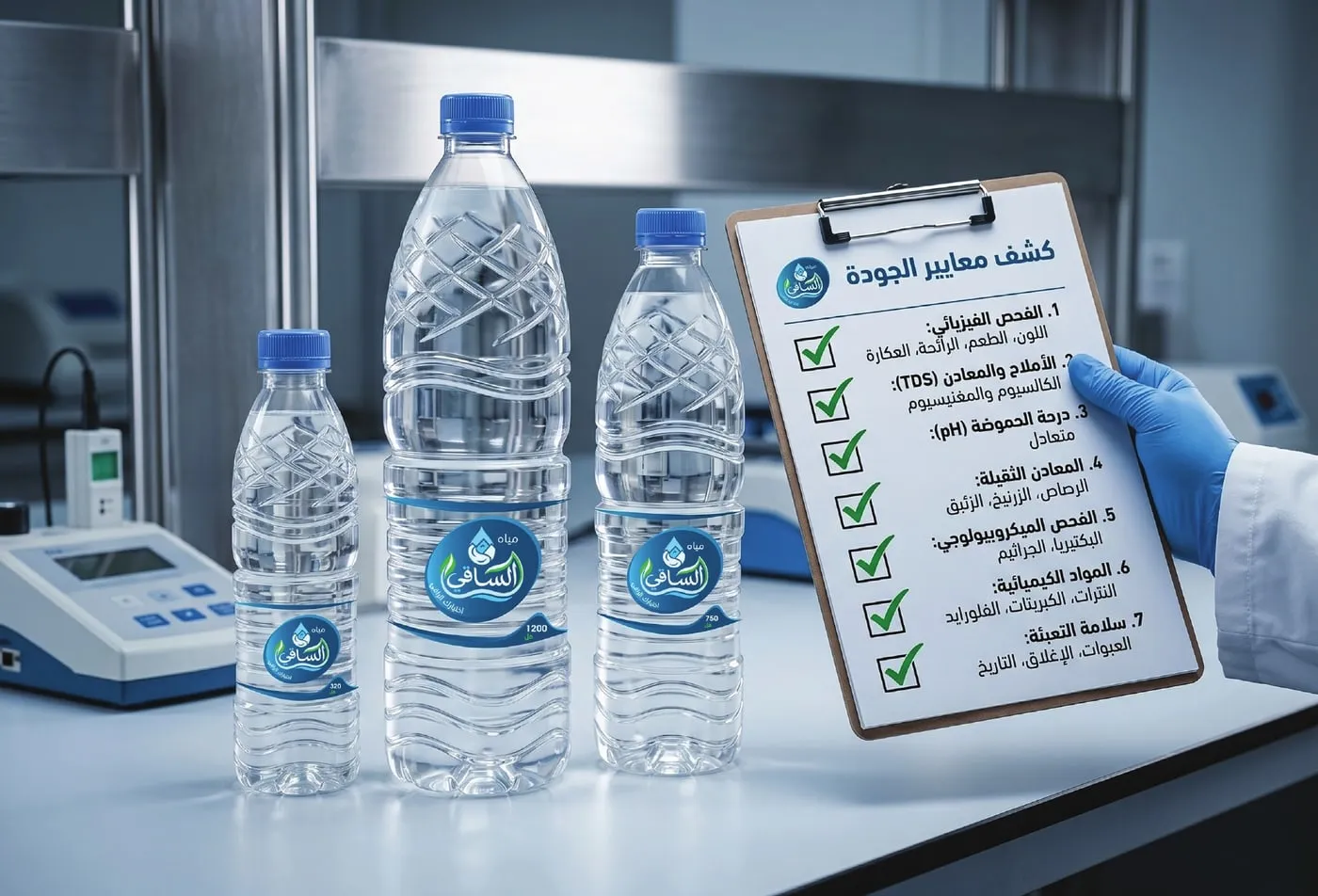 Al Saqi bottles beside a laboratory quality checklist